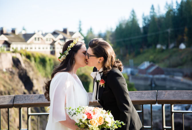Fall Wedding in the Pacific Northwest Overlooking a Waterfall