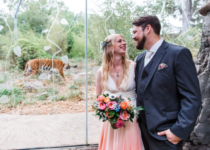 Even a Tiger Couldn’t Steal the Spotlight From This Bride’s Ombré Colored Wedding Dress at Seattle Zoo